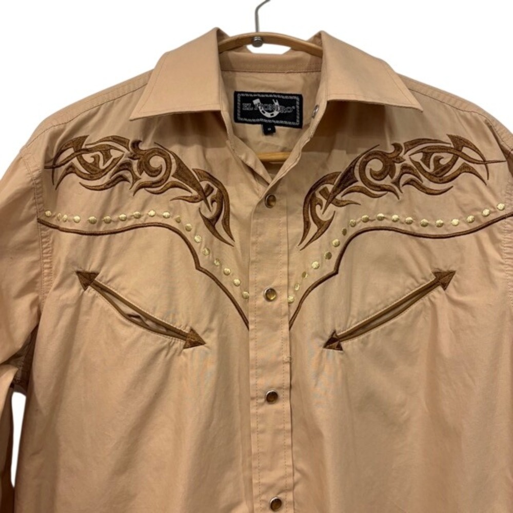 El Pionero Mens‎ Western Pearl Snap Shirt Smile Pocket Tattoo Embroidery Studded
